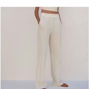 Zara white Wide Leg Linen Pants stripe embroidered textured rustic high waist